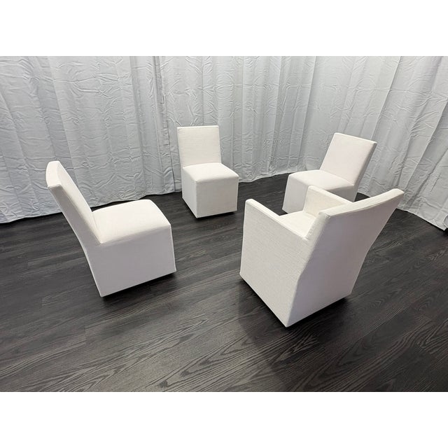 Curated Set of Four Rh Ellison Fabric Dining Chairs Perennials® Performance Textured Linen Weave — White Recessed Caster Bases For Sale - Image 17 of 18