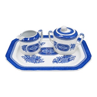 Vintage Mid-Century Modern Spode Fitzhugh Blue Creamer Lidded Sugar Bowl Tray - 3 pcs For Sale