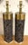 Pair of Modern brass, faux snakeskin & lucite column lamps. Circa 1990s. Each one with a large satin brass cap, with a...
