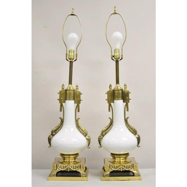 Vintage French Empire Neoclassical White Porcelain Brass Ormolu Table Lamp Pair For Sale - Image 12 of 12
