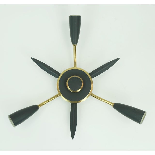Metal Mid-Century Modern Sputnik Three-Light Ceiling Fixture in Brass and Dark Grey Metal, 1950s For Sale - Image 7 of 11