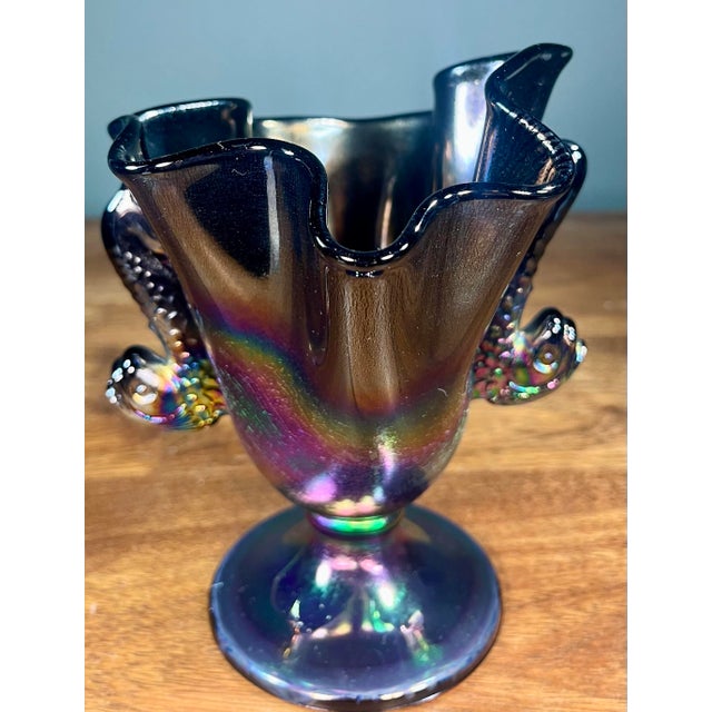 American Fenton Twin Dolphin Handled Iridescent Art Glass Vase For Sale - Image 3 of 11