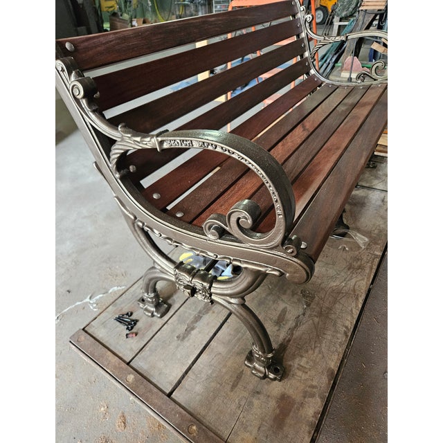 Bronze 1950s Attributed Restored Woodstock, Vermont Bench Mfg. Co. Cast Iron Garden Bench With Oiled Ipe Slats (Bronze Finish) For Sale - Image 8 of 12