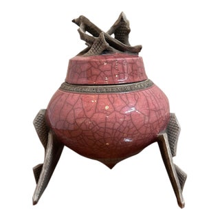 Vintage MDC Signed Pink Raku Ceramic Tripod Lidded Vessel For Sale