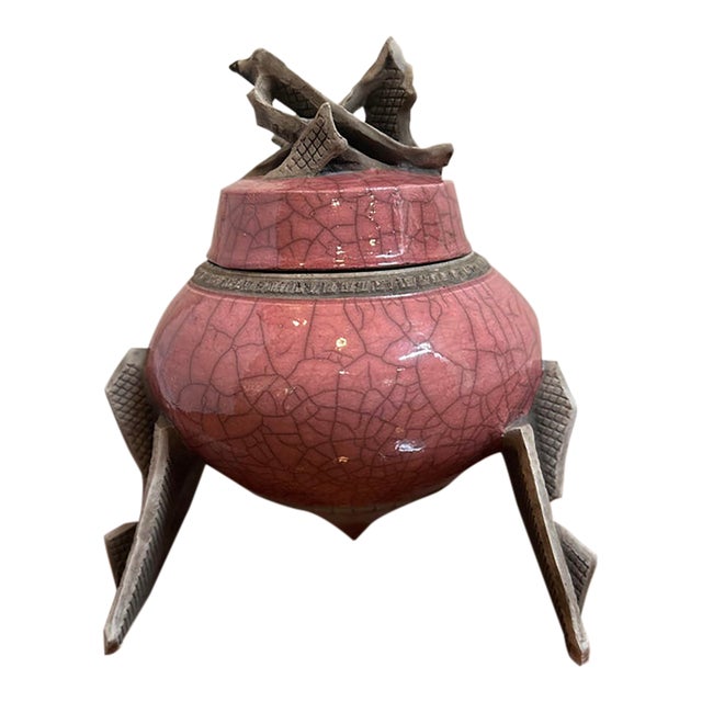 Vintage MDC Signed Pink Raku Ceramic Tripod Lidded Vessel For Sale