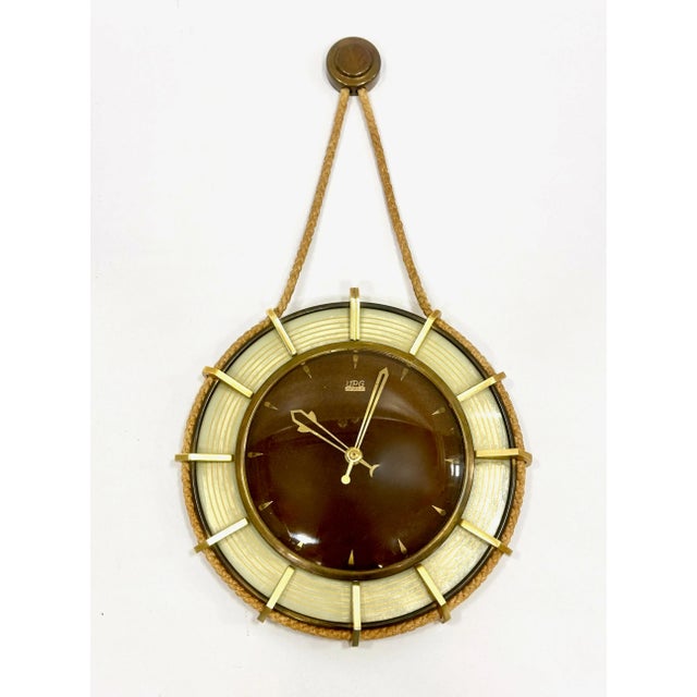 German Brass Wind Up Wall Clock with Rope Hanger by UPG Halle, 1960s For Sale - Image 9 of 9