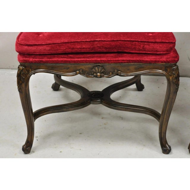 Vintage Italian Regency Style Carved Walnut Red Fabric Dining Chairs - Set of 6 For Sale In Philadelphia - Image 6 of 12