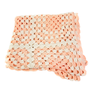 Vintage, Mid Century Handmade Crochet Granny Square Blanket – Pink & White, Scalloped Edge, 72” X 42”