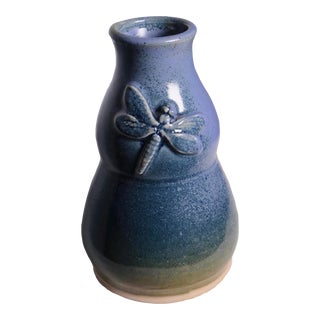 1970s Blue Dragonfly Ceramic Vase For Sale