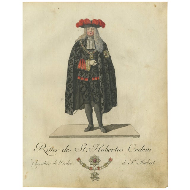 Schwan, Knight of the Order of Saint Hubert, 18th Century, Hand-Colored Engraving For Sale