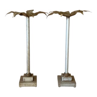 Pair of Sculptural Metal Palm Leaf Candlestick Holders, Mid-20th Century For Sale
