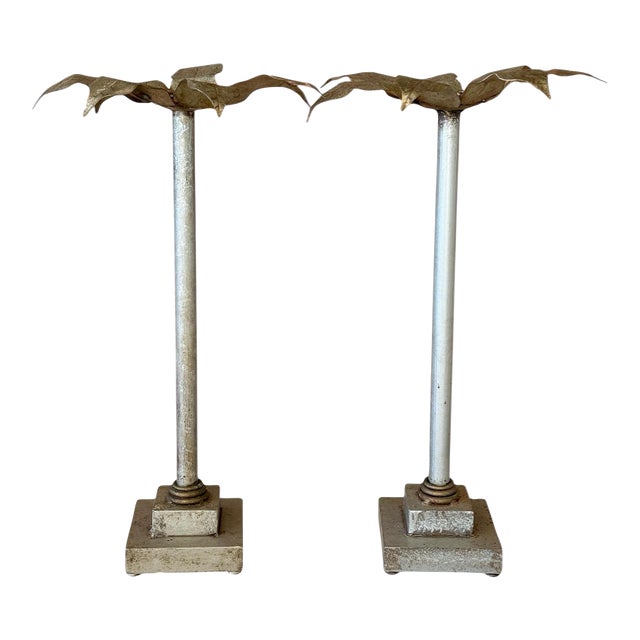Pair of Sculptural Metal Palm Leaf Candlestick Holders, Mid-20th Century For Sale