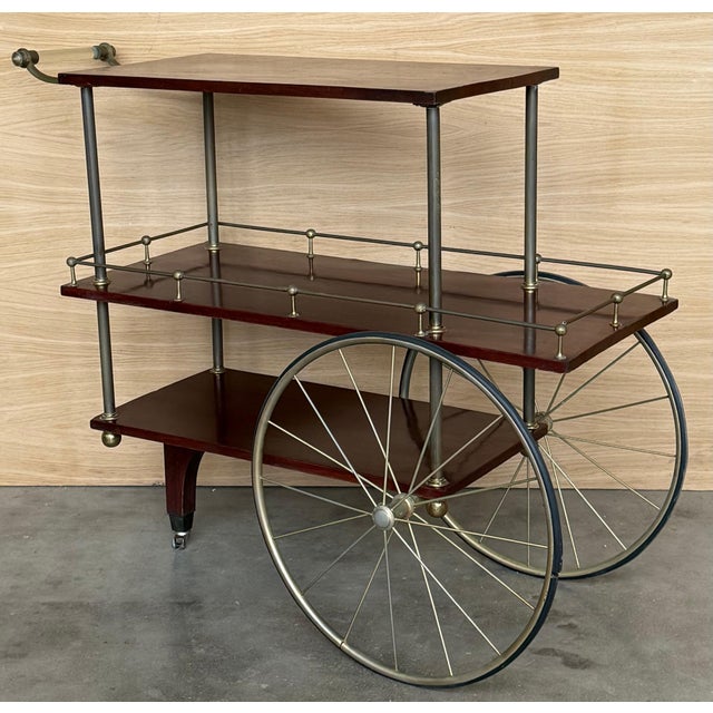 Mid 20th Century Mid-Century Mahogany Wood and Brass Italian Serving Bar Cart, 1960s. Three level For Sale - Image 5 of 18