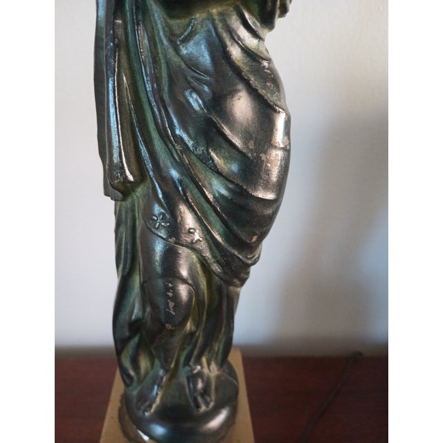 Black 1940 Art Nouveau Bronze and Brass Figural Statue Table Lamp With Shade For Sale - Image 8 of 12