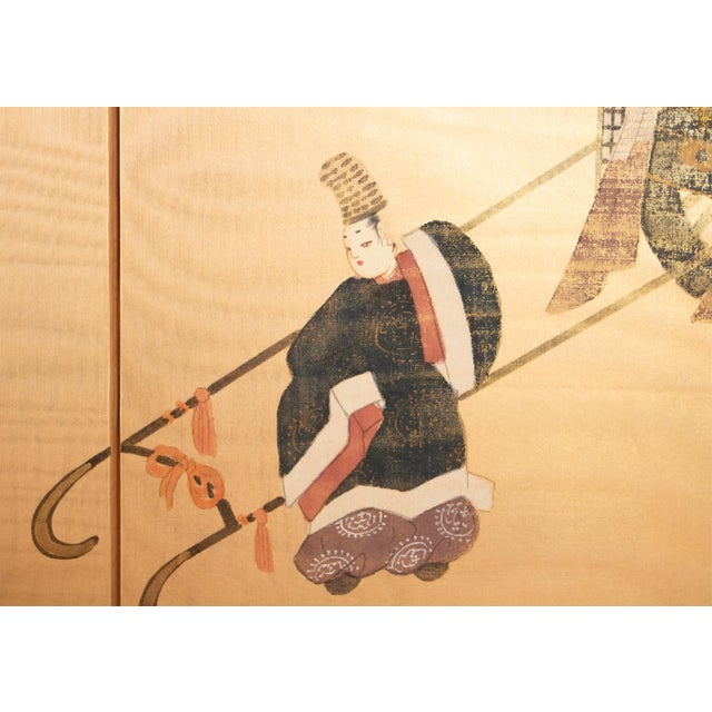 Wood 1970-1980s Shōwa Era Japanese Silk Byobu Screen "The Tale of Genji" For Sale - Image 7 of 18