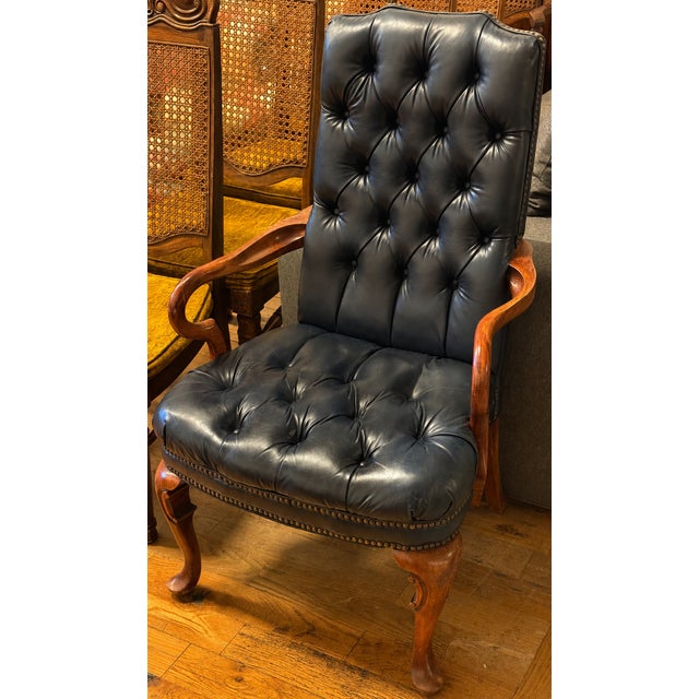Queen Anne Style Tufted Blue Leather Armchair, Vintage For Sale - Image 13 of 14