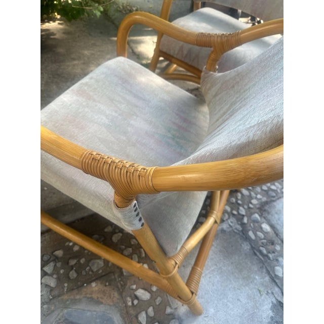 1960s Pair of Danish Bamboo Lounge Chairs With Diamond-Pattern Upholstery, Denmark, Circa 1970s For Sale - Image 5 of 6