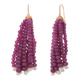 14k Yellow Gold Shepherd Hoop Earrings With Diamonds, Rubies & Opalite Tassels, A Pair For Sale