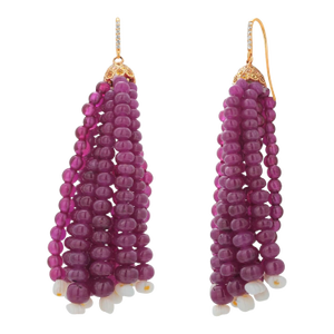 14k Yellow Gold Shepherd Hoop Earrings With Diamonds, Rubies & Opalite Tassels, A Pair