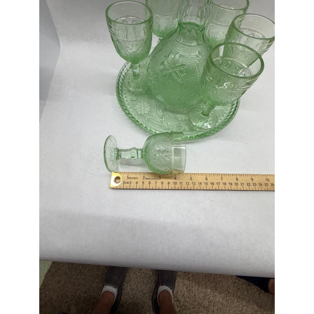 Vintage Vaseline / Uranium Green Pressed Glass Decanter and Cordial Set With Tray - 8 pcs For Sale - Image 4 of 11