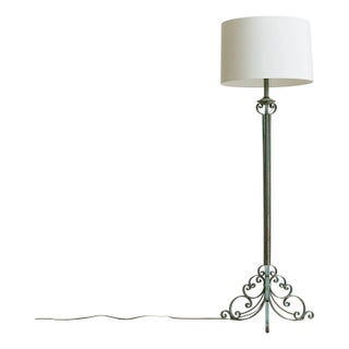 1940s French Verdigris Wrought Iron Floor Lamp with Shade For Sale