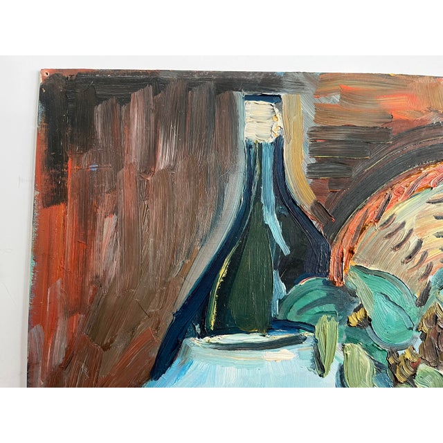 Mid-Century Modern 1940s Vintage Oil Painting Still Life With Basket, Fruit, Vase, and Bottle, Unsigned For Sale - Image 3 of 9