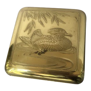1970s Gold Tin Box with Duck Carving Top