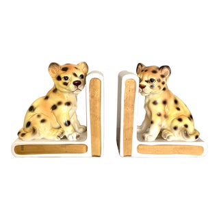 1960s Lefton Hand Painted Porcelain Wildlife Tiger Cubs Bookends - a Pair For Sale