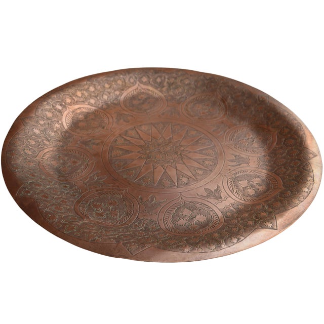 Metal Mid 20th Century Moroccan Engraved Copper Tray For Sale - Image 7 of 9