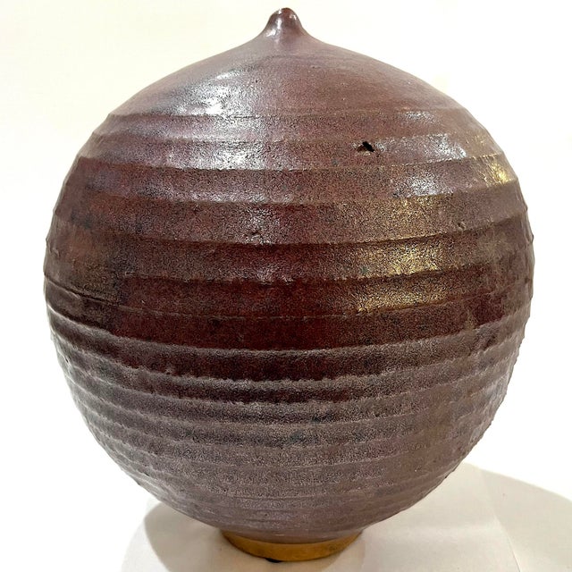 Mid-Century Modern 1980's Oxblood Stoneware Ridged Vessel With Nipple Top Opening - Ken Edwards Montana Potter For Sale - Image 3 of 11