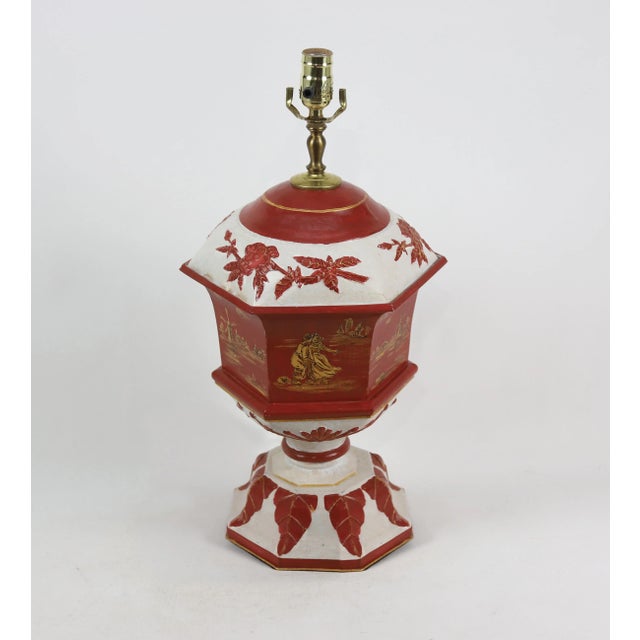 Rust red hexagon tole urn lamp, hand painted with delf figurine design and leave, floral for border design Two Worlds Arts...