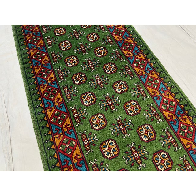 1990s Green Tribal Geometric Hallway Runner Rug With Red and Turquoise Border, 2'9" X 16'1" For Sale - Image 5 of 13