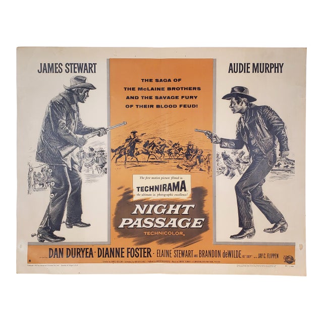Rare Vintage Original 1957 Movie Poster of James Stewart & Audie Murphy in Universal Pictures Co. "Night Passage" (No. 57 of 385) For Sale