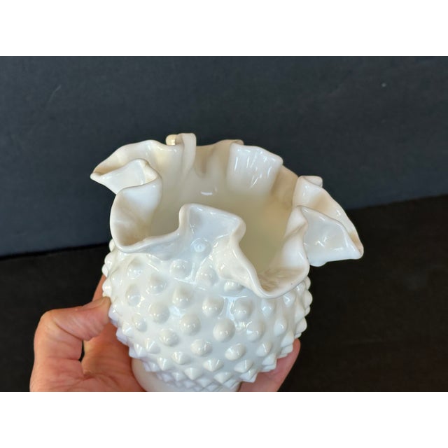 White Fenton Style Hobnail Milk Glass Ruffled Rim Vase For Sale - Image 8 of 10