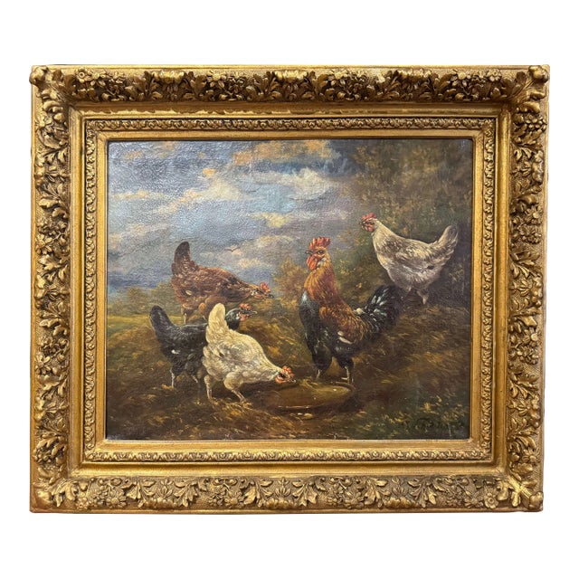 19th Century Belgian Oil on Canvas Chicken Painting Signed H. Schouten For Sale