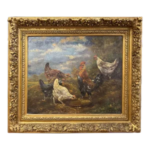 19th Century Oil on Canvas Chicken Painting in Gilt Frame Signed H. Schouten
