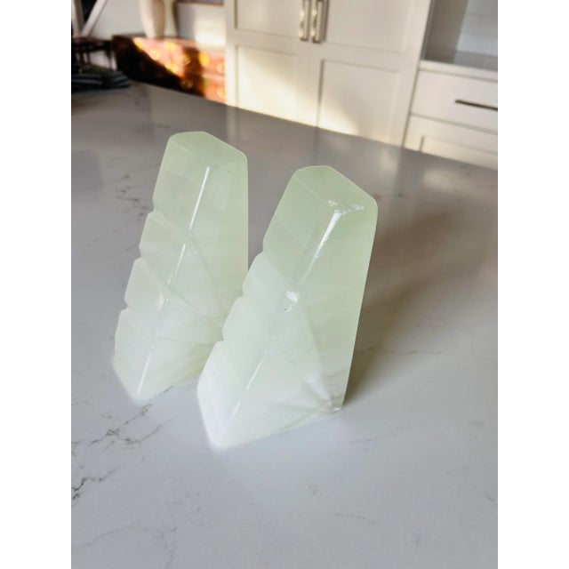 Mid-Century Onyx Marble Bookends Light Green & White With Etched Sunburst Detail- a Pair For Sale - Image 6 of 10