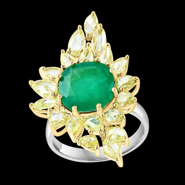 5.82 Ct Natural Colombian Cushion Cut Emerald & 3 Ct RoseCut Diamond Ring 18 Kt, Size 6 For Sale - Image 12 of 18