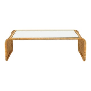 Woven Rattan and Glass Waterfall Coffee Table For Sale