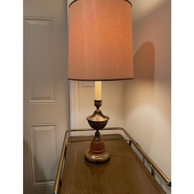 Vintage 1960s Mid-Century Modern Rembrandt Masterpiece Heavy Brass and Fluted Faux-Wood Torchiere Table Lamp For Sale - Image 4 of 4