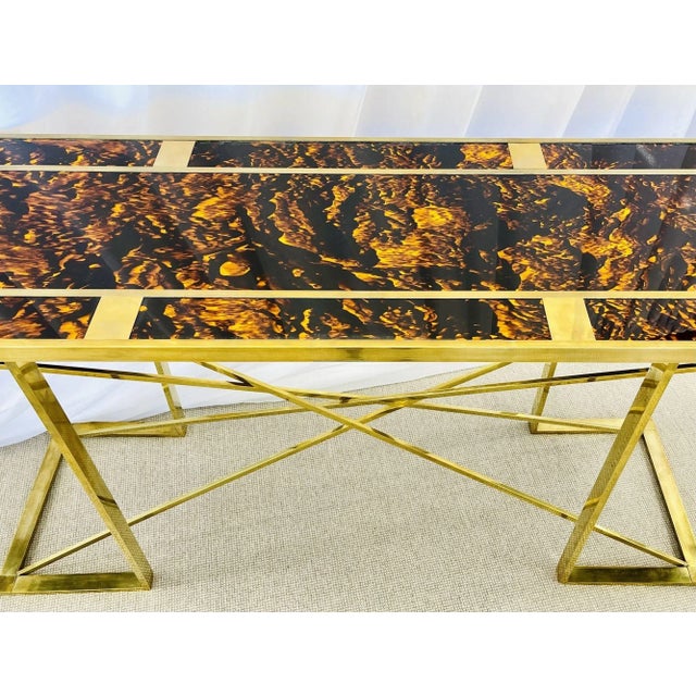 Gold Romeo Rega Console Table, Faux Tortoise Top, Gilt Metal Base, Italy, 1970s For Sale - Image 8 of 13