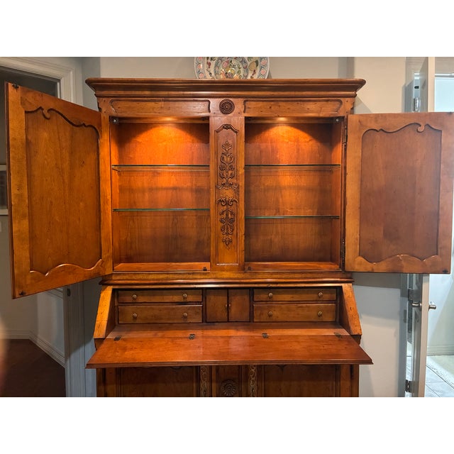 Vintage Henredon Fine Furniture secretary cabinet with illuminated display bookcase, drop-front writing desk, fitted...