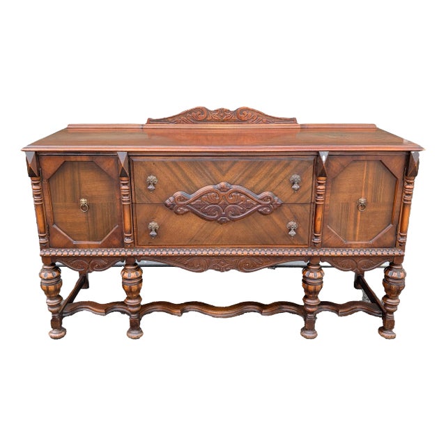 Vintage Early 20th Century Jacobean Style Walnut Sideboard Buffet Credenza For Sale