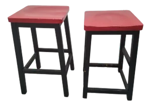 Two Vintage English Wooden Stools With Red Tops