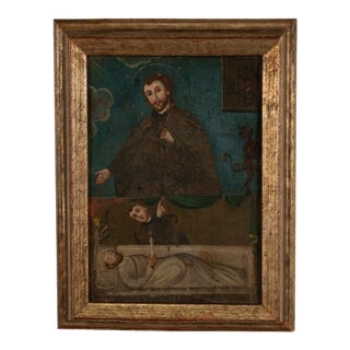 Antique 18thC Spanish Colonial Icon Painting Retablo St. Camillus & Christ 1760 For Sale