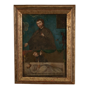 Antique 18thC Spanish Colonial Icon Painting Retablo St. Camillus & Christ 1760
