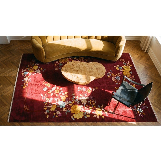 Burgundy 1930s Red Burgundy Floral Antique Chinese Art Deco Rug 8' 6" X 11' 6" Handknotted Wool Carpet For Sale - Image 8 of 9