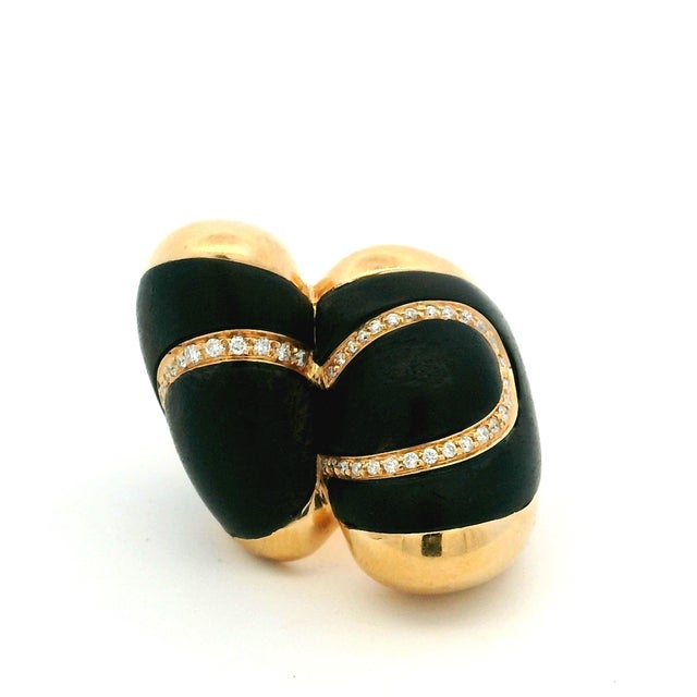 Black Circa 1990 Italian 18k Gold Ebony Wood and Diamond Statement Ring, Size 7.5 For Sale - Image 8 of 13