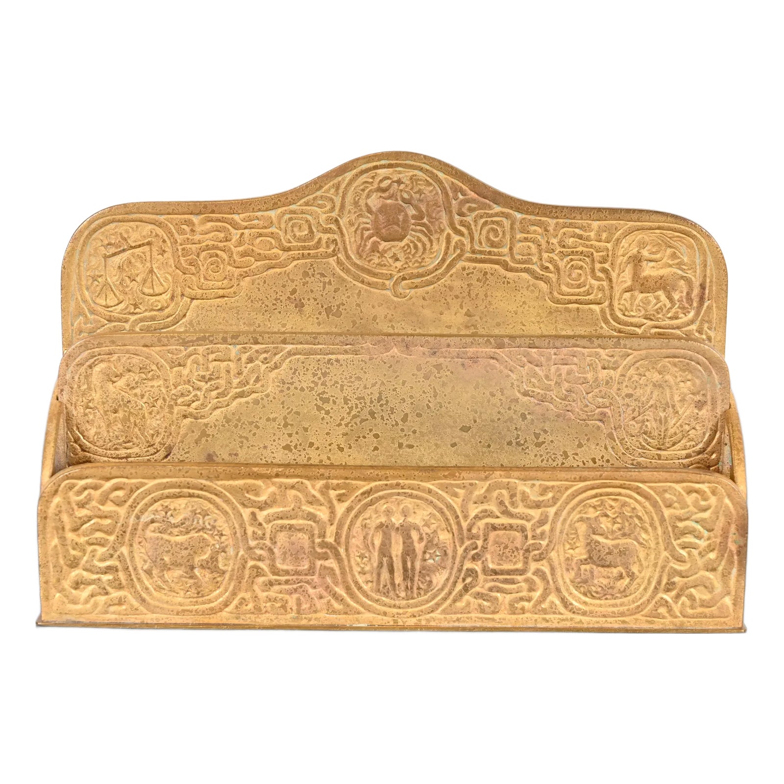 Tiffany Studios New York Zodiac Pattern Bronze Doré Letter Rack | Chairish