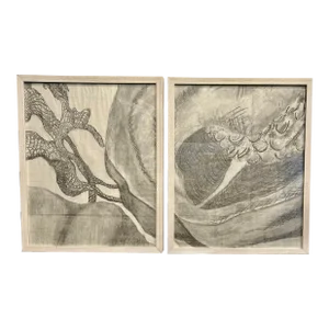 1980s Vintage Charcoal Drawing Bell Pepper Studies Framed Diptych